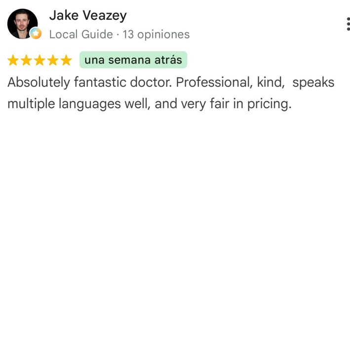 Google review by Jake Veazey praising Dr. Kevin's professionalism, kindness and multilingual communication
